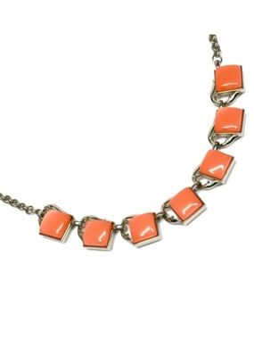 Vintage Mod Orange/Coral Enamel Square Link Necklace Gold Tone Retro Statement